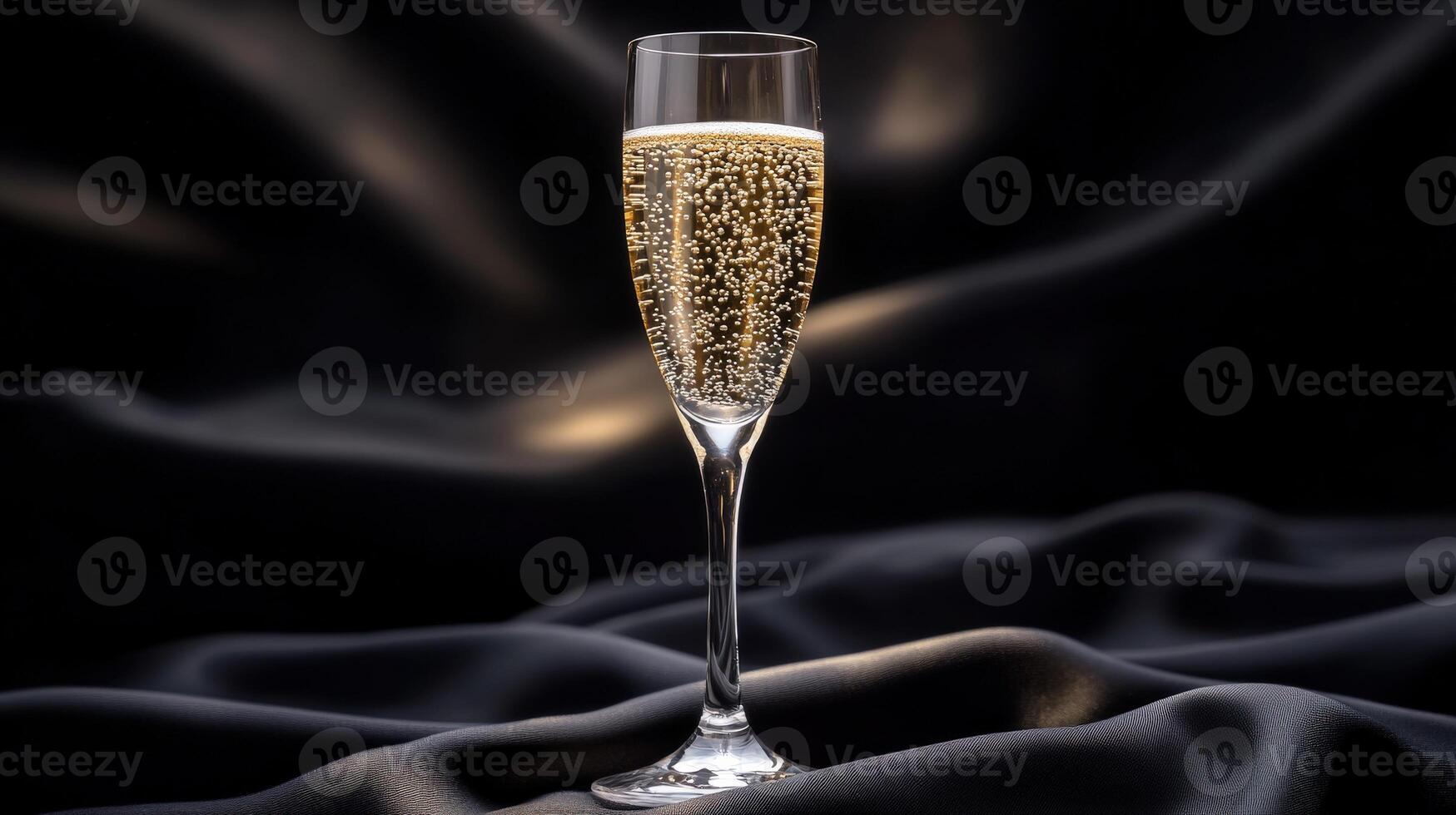 Sparkling beverage in elegant glass on dark fabric background photo