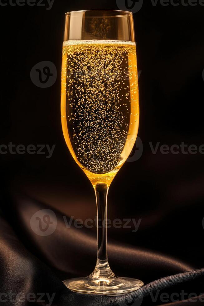 Sparkling drink in an elegant glass on dark fabric background photo