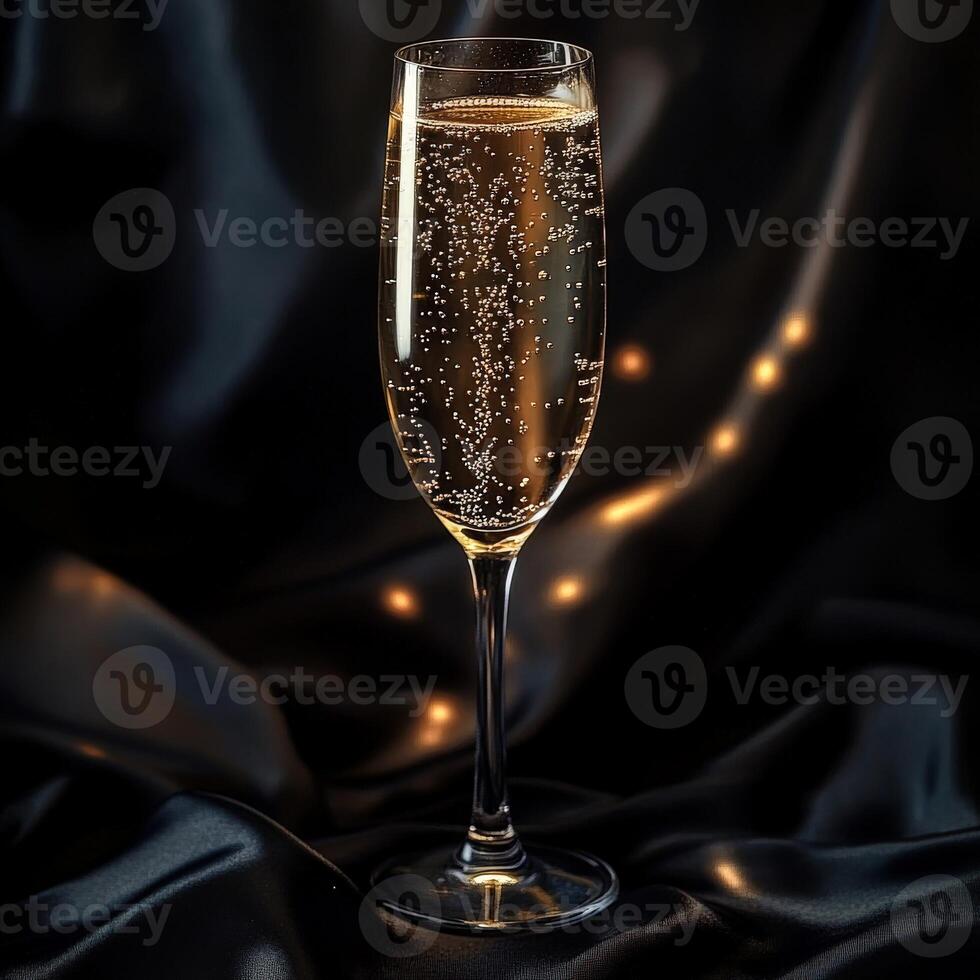 Sparkling drink in elegant glass on dark fabric backdrop photo