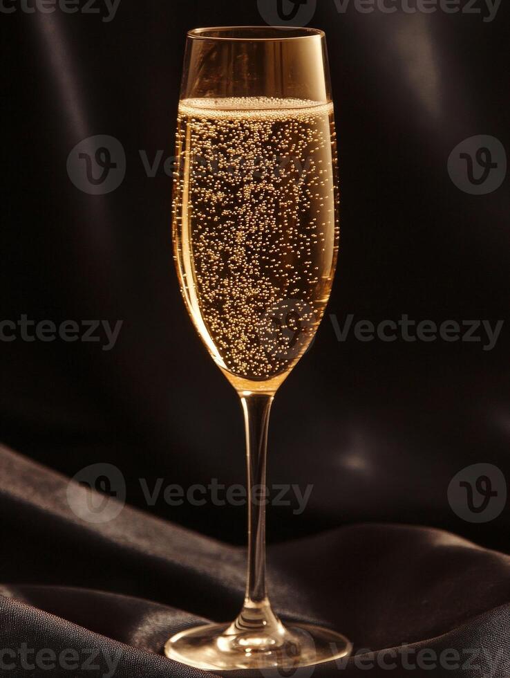 Sparkling drink in a flute on dark fabric background photo