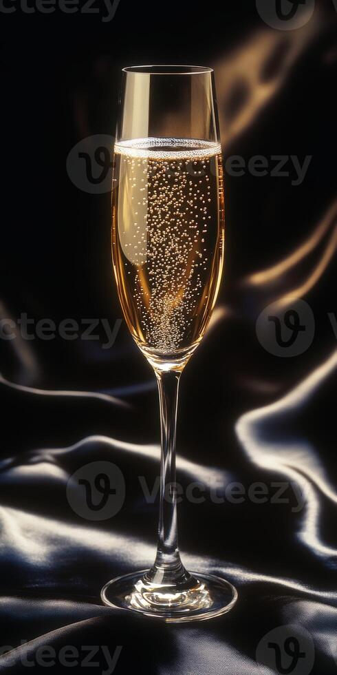 Elegant champagne flute filled with sparkling drink on dark fabric photo