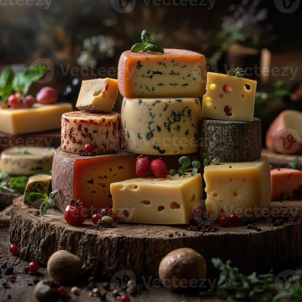 Assorted cheeses displayed on a rustic wooden board with herbs photo