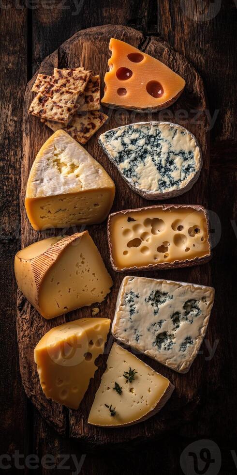 Various cheese types arranged on a wooden board for tasting photo