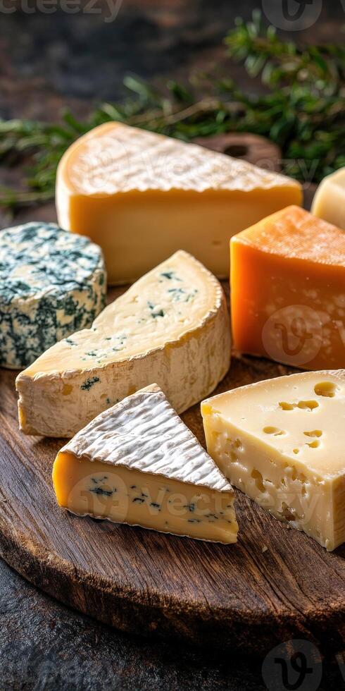 Diverse selection of gourmet cheeses on a wooden board photo