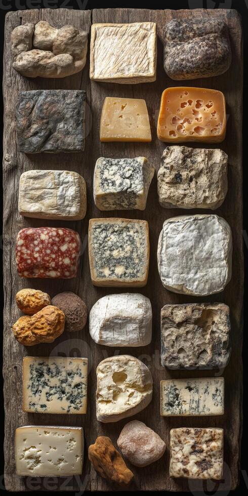 Artisanal cheese selection displayed on wooden board photo