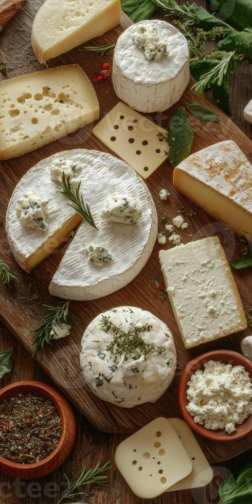 Selection of artisanal cheeses displayed on wooden board photo