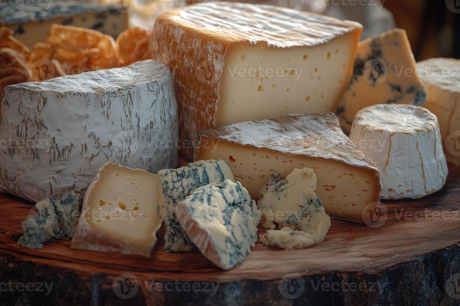 Assortment of artisanal cheeses on a wooden serving platter photo