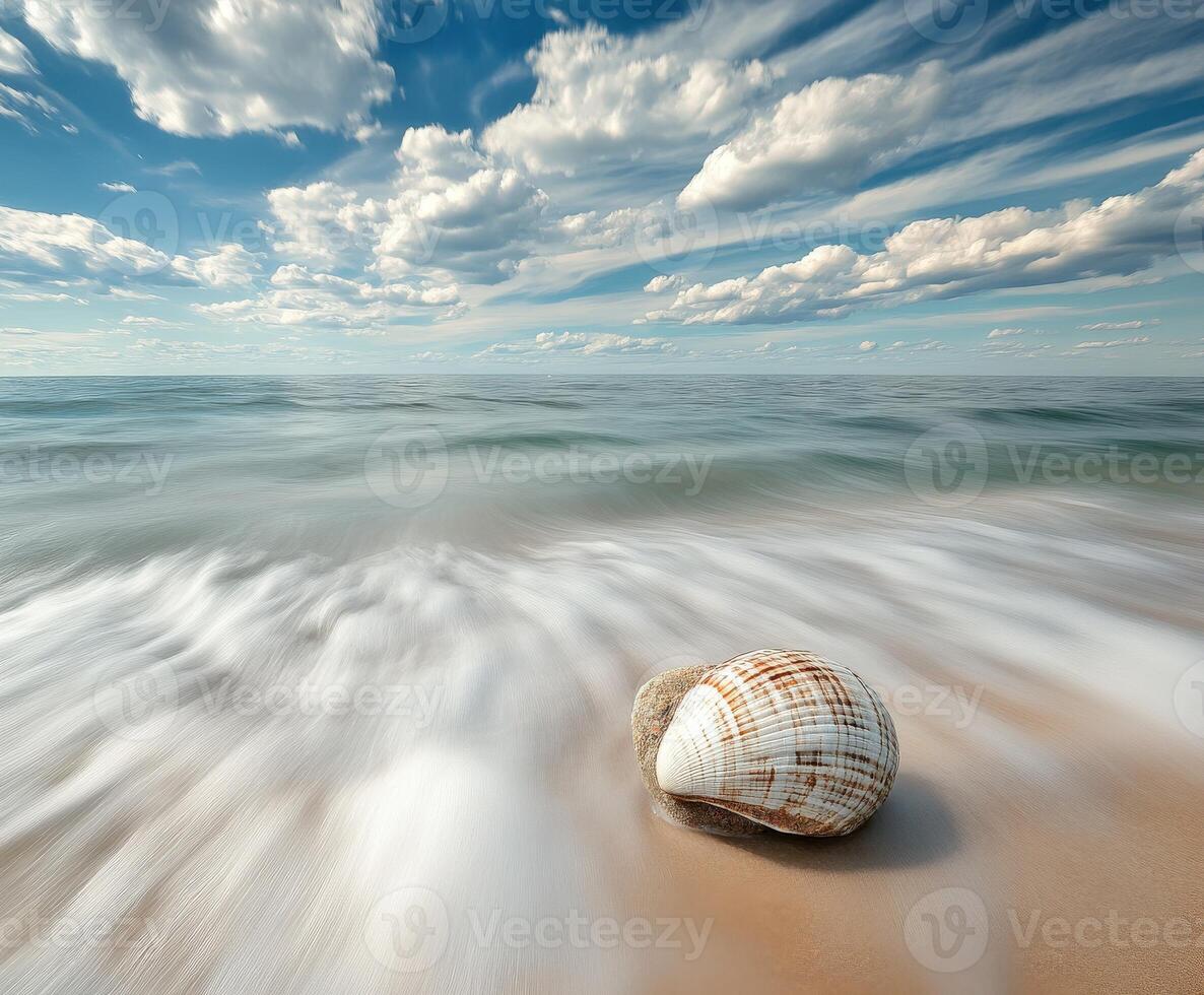 Beautiful seashell resting on sandy beach with gentle waves photo