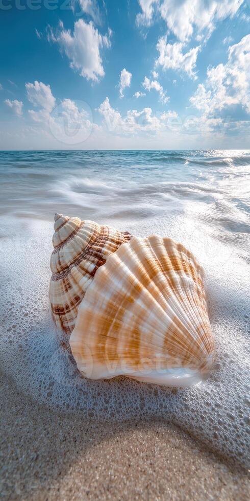 Beautiful seashell resting on the shore as waves gently rush in photo