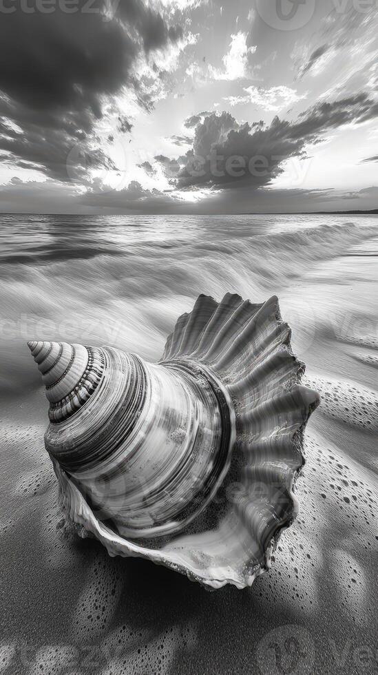 Seashell resting on the shore during a cloudy evening photo