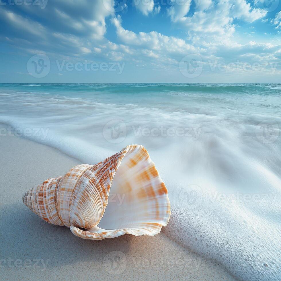 Beautiful seaside shell resting on sandy shore under blue sky photo