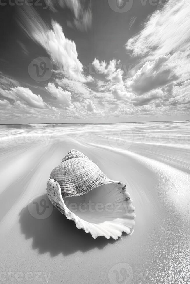 White shell resting on a peaceful beach with clouds in the sky photo