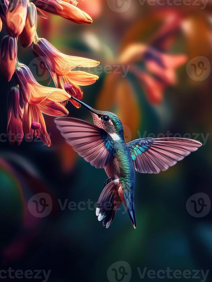 Colorful hummingbird feeding on vibrant orange flowers in a lush garden setting during daylight hours photo