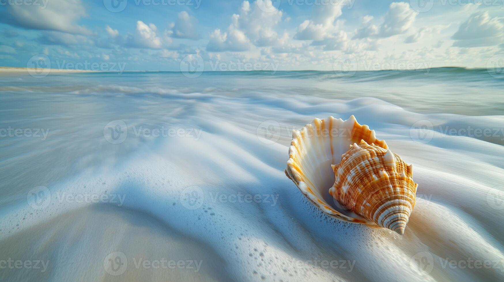 Seashell rests on the shore as waves gently lap at the sand photo
