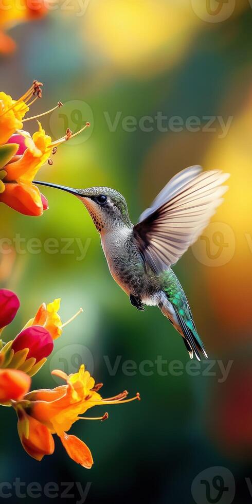 Colorful hummingbird feeding on vibrant flowers in a lush garden setting photo