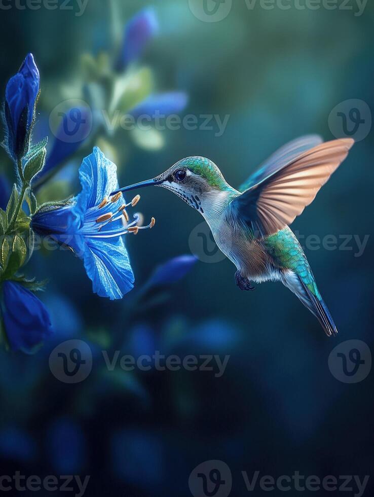 A hummingbird is gracefully feeding on a vibrant blue flower, set against the tranquil backdrop of a serene garden as dusk begins to settle in photo