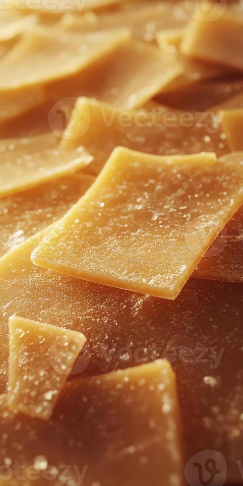 Parmesan cheese slices arranged on a wooden surface showcasing texture and color during a culinary preparation photo