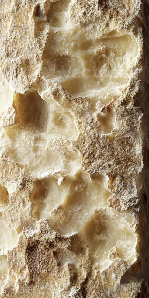 Variety of textures and colors in a block of parmesan cheese displayed on a wooden background photo