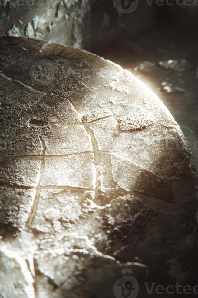 Parmesan cheese aging process with intricate patterns and textures showcased in a rustic setting photo