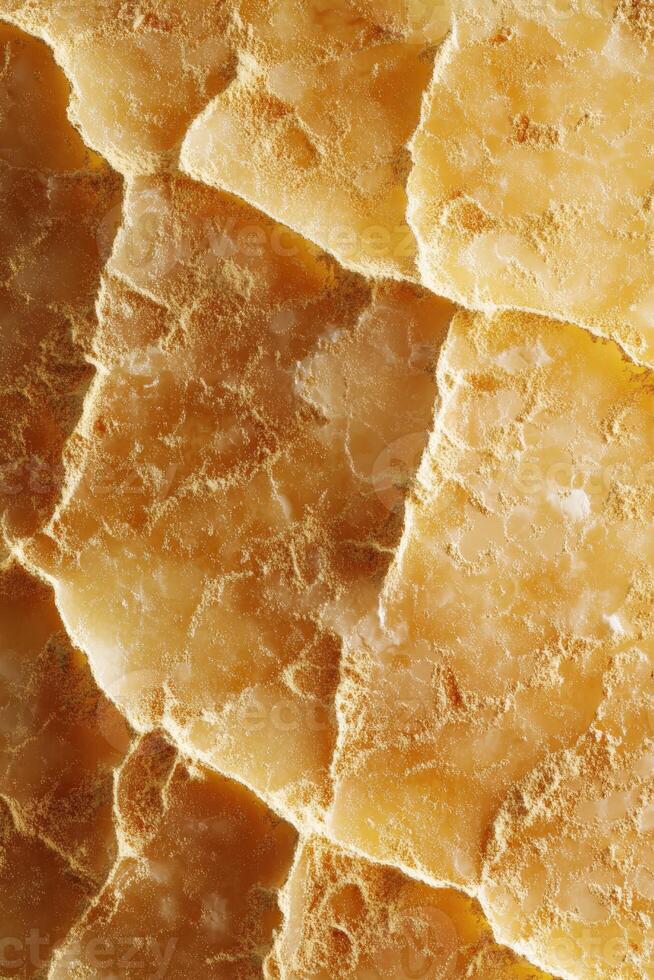 Parmesan cheese texture featuring rich color and intriguing surface patterns in a close-up view photo