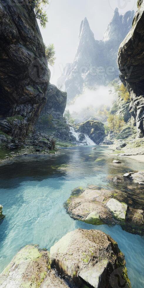 A river in the middle of a mountain range photo