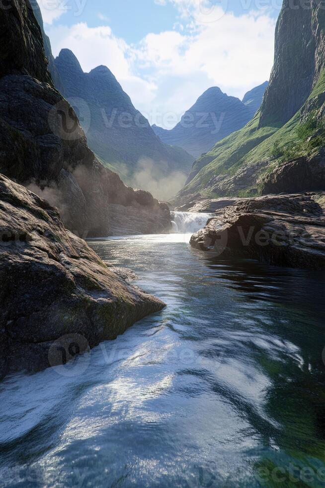 A river flowing through a mountain range photo