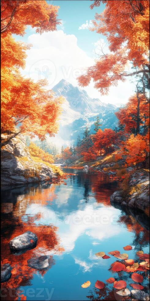 Mountain river reflects autumn foliage and distant peaks under a clear sky during the golden hour photo