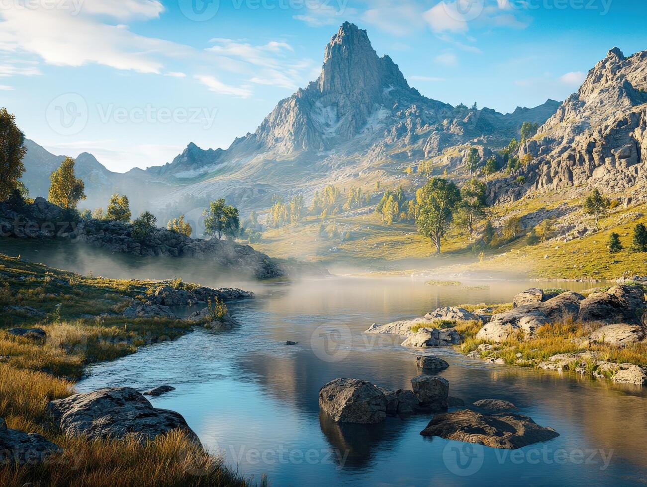 Mountain river flows gently through a serene landscape with towering peaks and vibrant greenery during early morning light photo