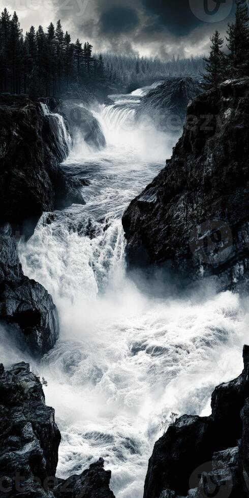 Majestic mountain river cascades through rugged rocks and lush forests under a dramatic cloudy sky in a tranquil wilderness landscape photo