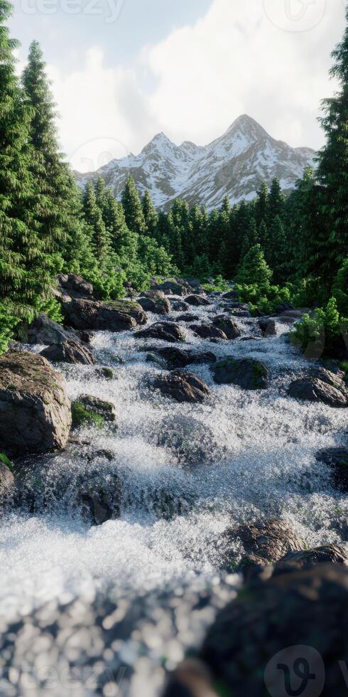 Mountain river flows through a lush forest at the foot of snow-capped peaks during a bright, sunny day photo