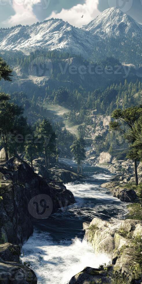 Lush mountain river flowing through a rocky landscape surrounded by towering peaks and dense forests under a clear sky photo