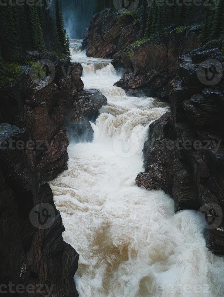 Mountain river cascading through rocky cliffs in a lush forest setting during overcast weather photo