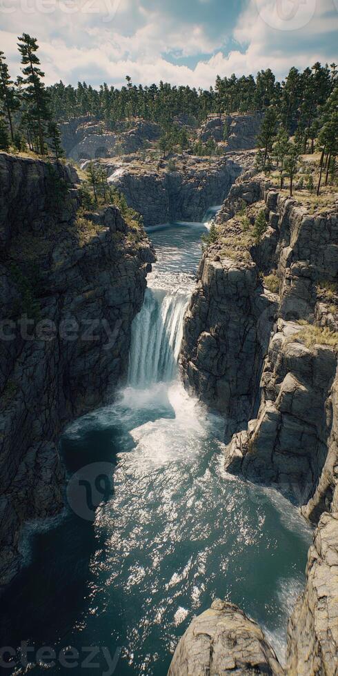 Majestic mountain river flowing through rocky cliffs with a stunning waterfall in the background on a bright sunny day photo