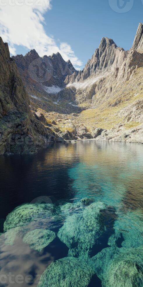 Mountain river flows through rocky landscape under clear blue sky in pristine natural setting photo