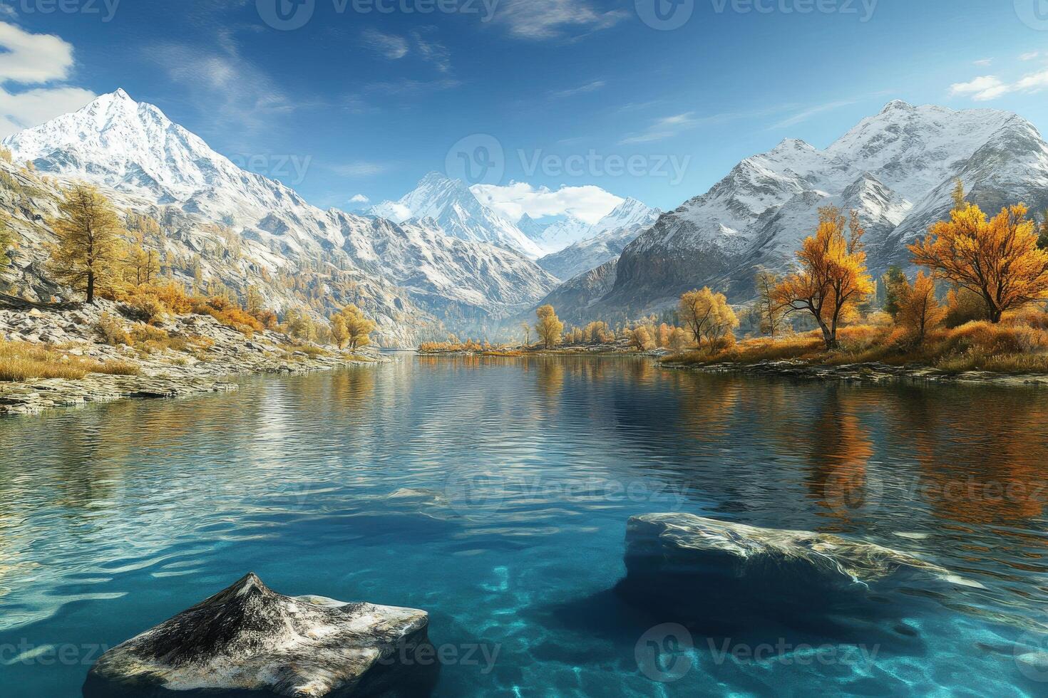 Majestic mountain river flows through vibrant autumn landscape surrounded by snow-capped peaks photo
