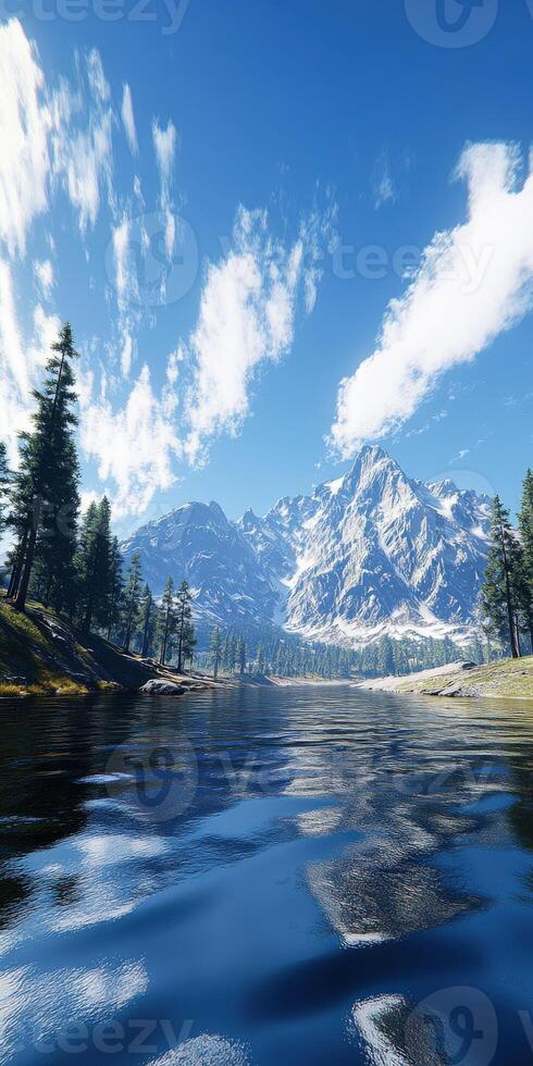 Explore the serene beauty of a mountain river under a clear blue sky with majestic peaks in the background photo