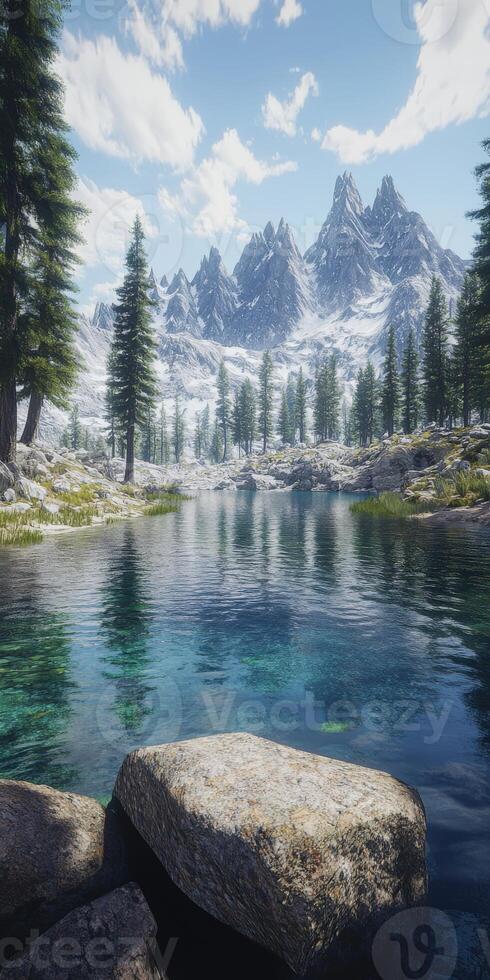 A lake surrounded by trees and mountains photo