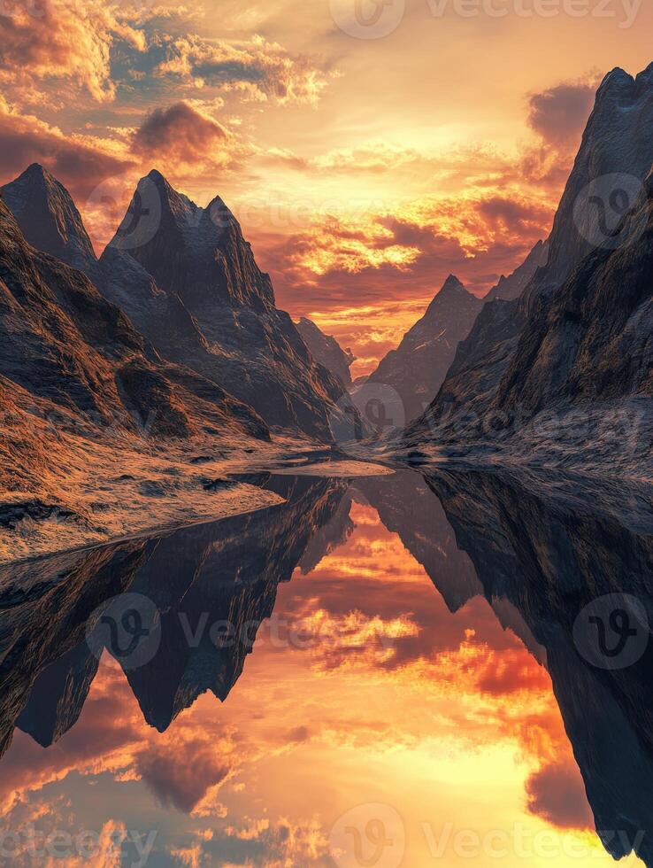 Majestic mountain river reflecting vibrant sunset with rugged peaks in serene valley photo