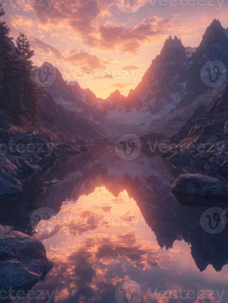 Stunning sunset reflects on a tranquil mountain river surrounded by towering peaks and lush trees photo