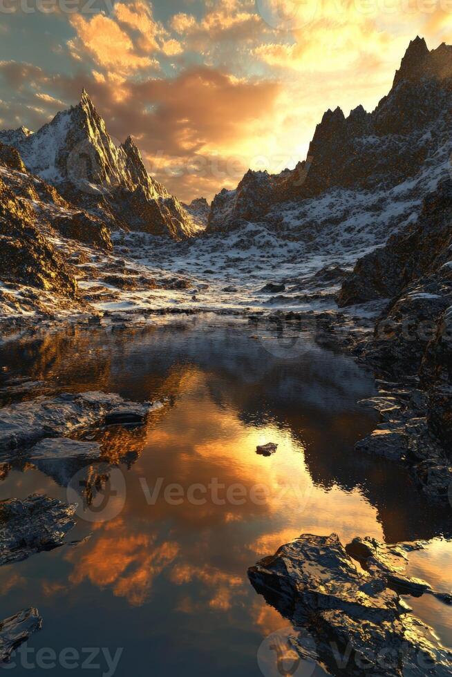 Mountain river reflects golden sunset amidst rocky terrain and towering peaks in a serene wilderness setting photo