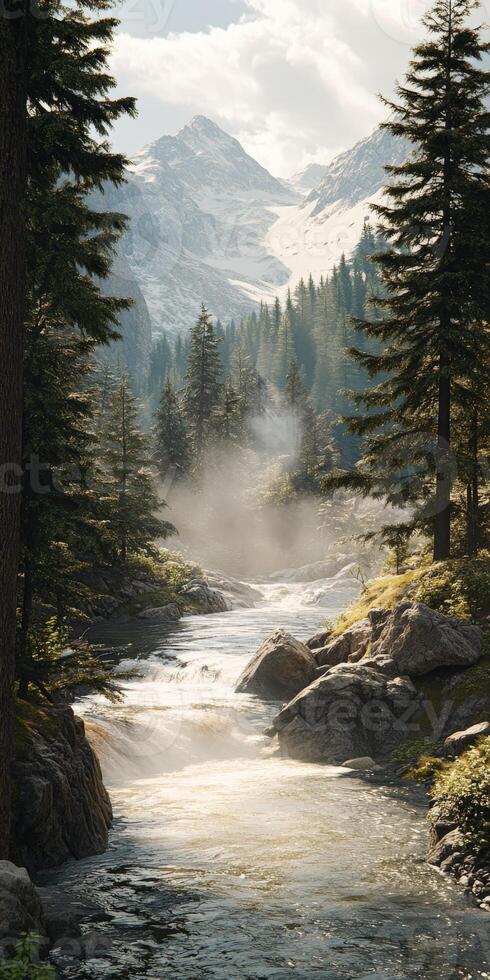 Flowing mountain river surrounded by lush forests and towering peaks at sunrise, creating a serene natural landscape photo