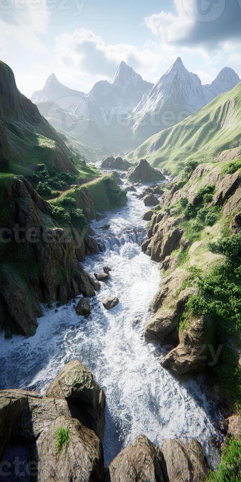 Mountain river flowing through rocky terrain surrounded by lush greenery and towering peaks during daylight hours photo
