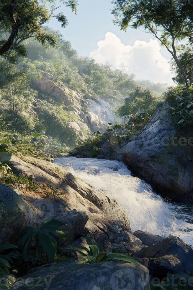 Flowing mountain river surrounded by lush greenery and rocky terrain under a bright sky photo