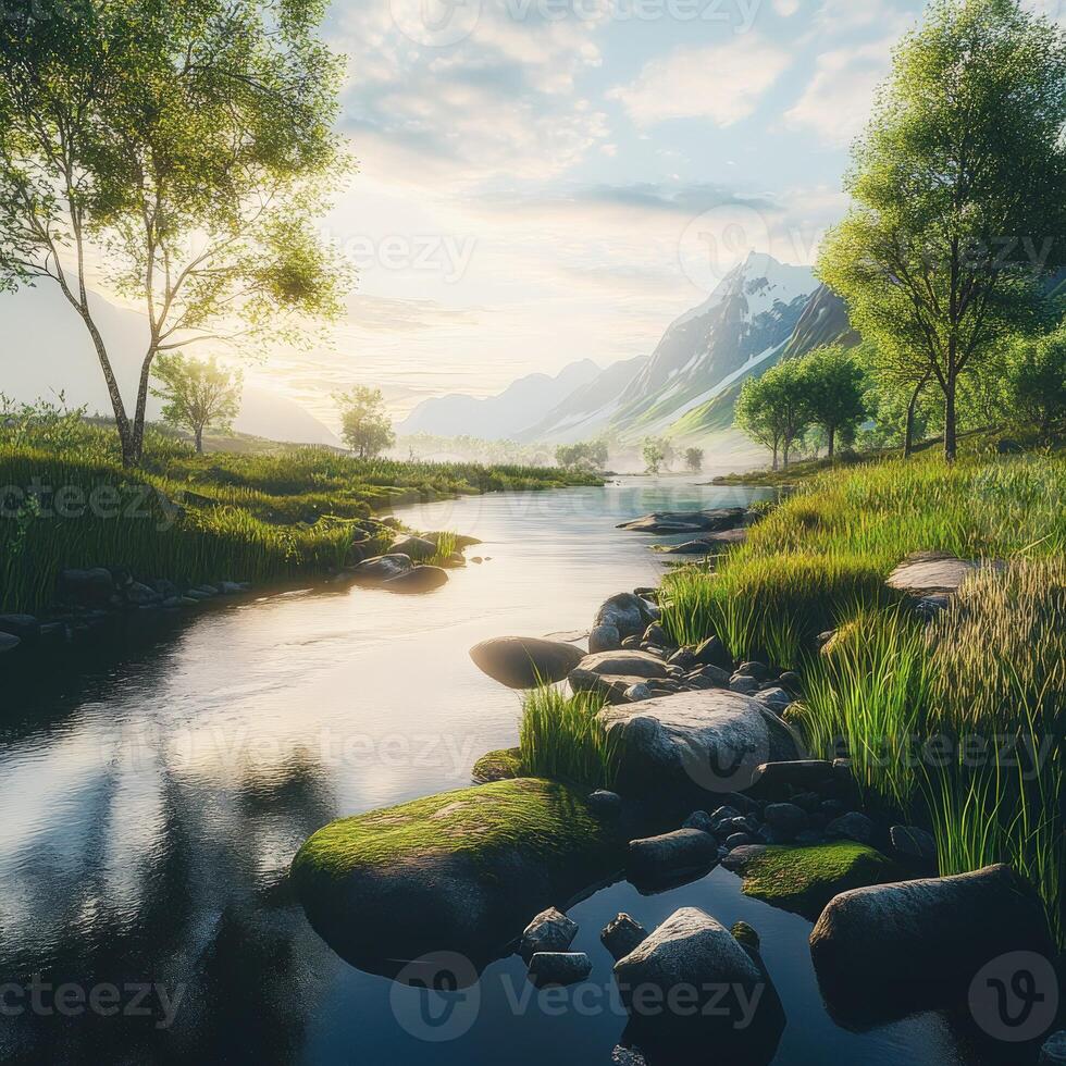 Mountain river flows gently through lush greenery under a bright sky at dawn photo