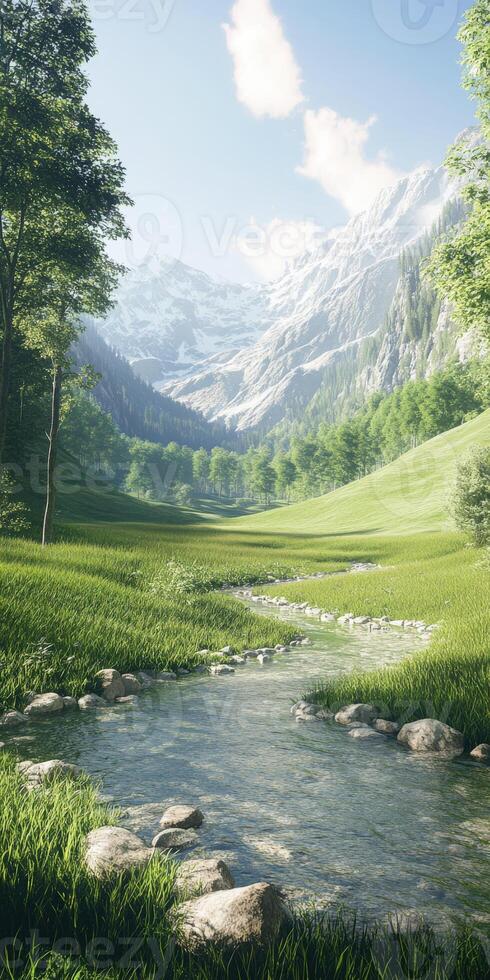 Mountain river flows through green meadows with snow-capped peaks under a clear blue sky photo