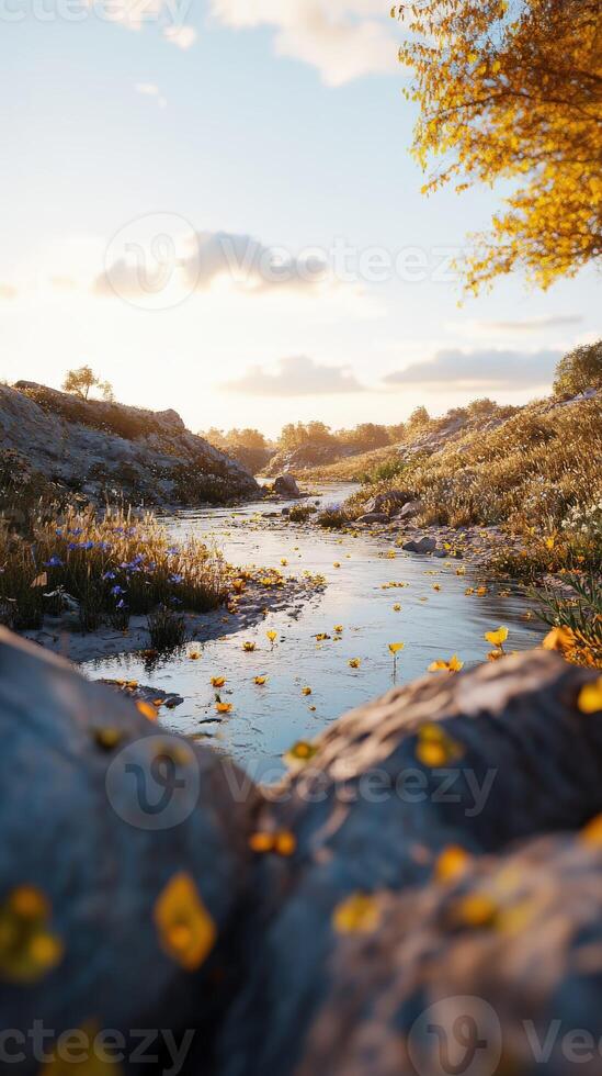 Mountain river flows gently through a serene landscape with autumn foliage during sunset, capturing nature's tranquility and beauty photo