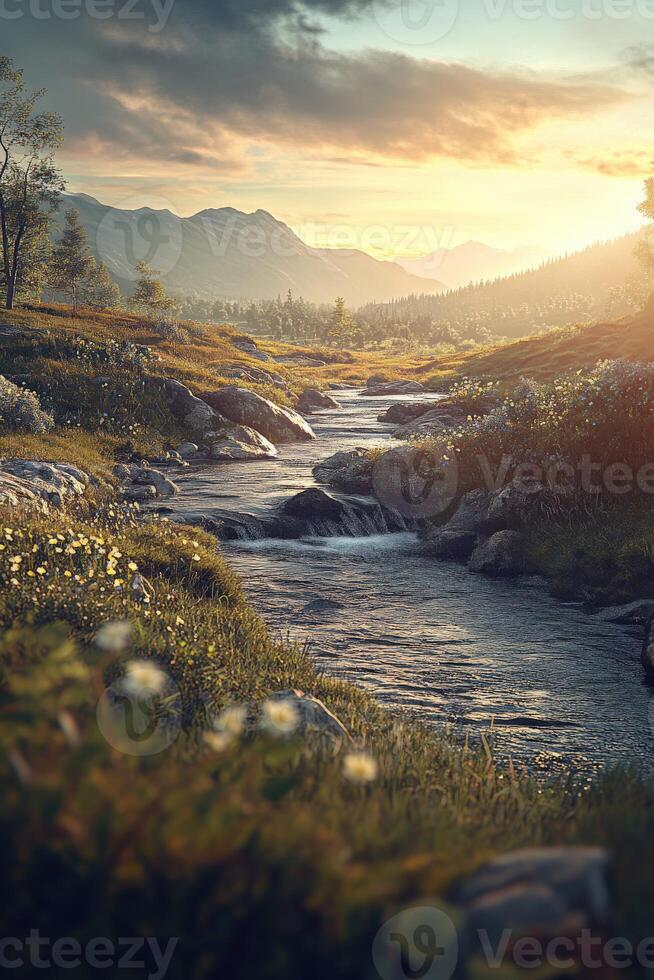 Mountain river flows through lush greenery at sunset in a serene landscape photo