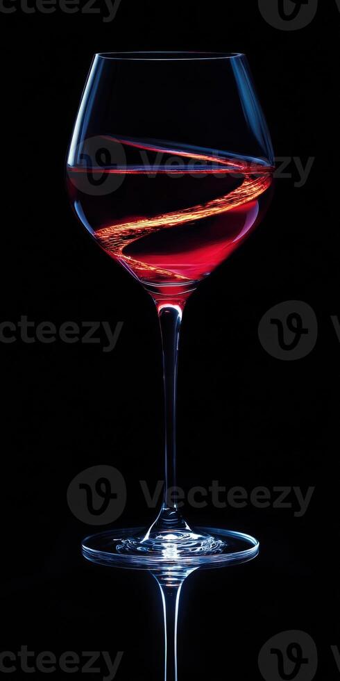 Elegant wine glass with swirling liquid against a dark background creating a striking visual contrast photo