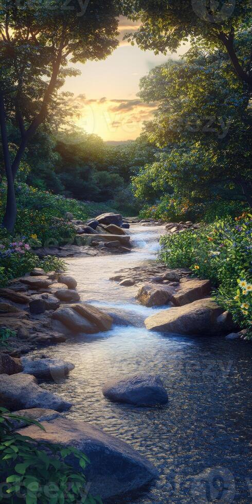 Mountain river flowing through a lush forest at sunset near a peaceful landscape photo