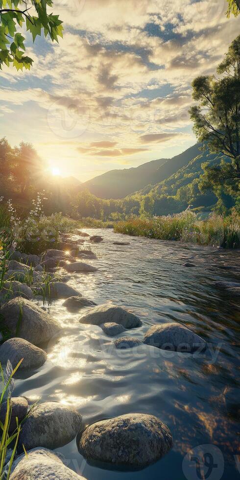 Mountain river flows gently under a vibrant sunset with distant hills in a serene landscape photo